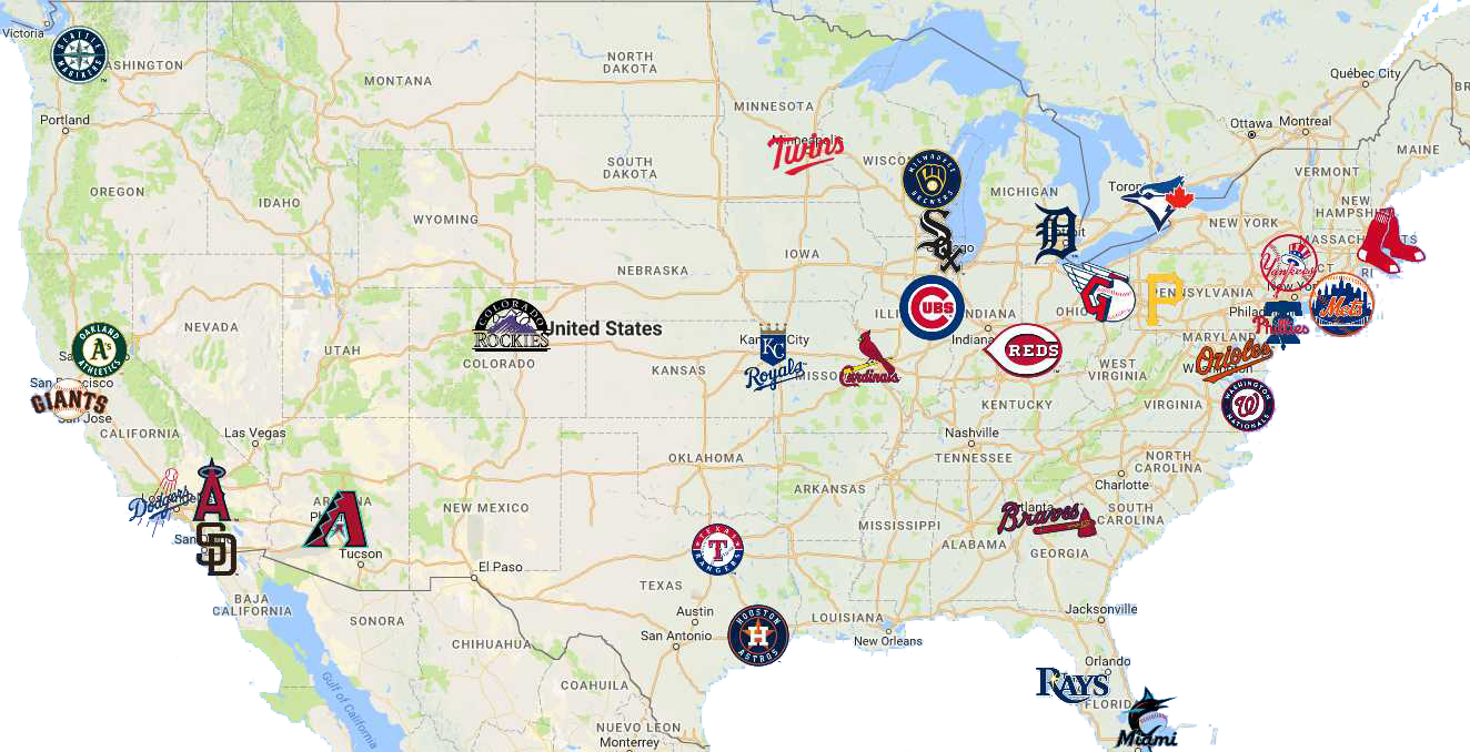 Map of Major League Baseball teams across the United States and Canada. Team logos are selectable.